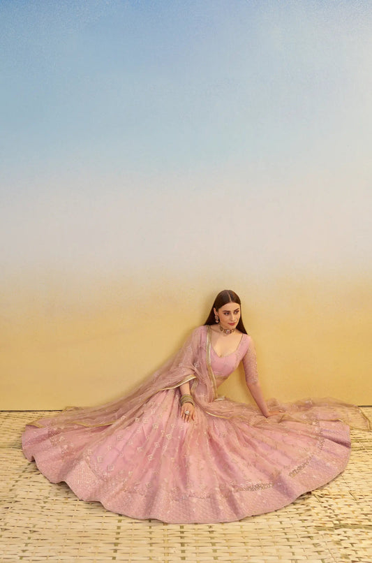 Lehenga Rose Clair en tulle avec broderies et sequins brillants festif COLLECTION LARA