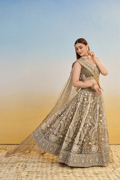 Lehenga Beige Taupe et clair en tulle avec broderies et sequins brillants festif COLLECTION LARA