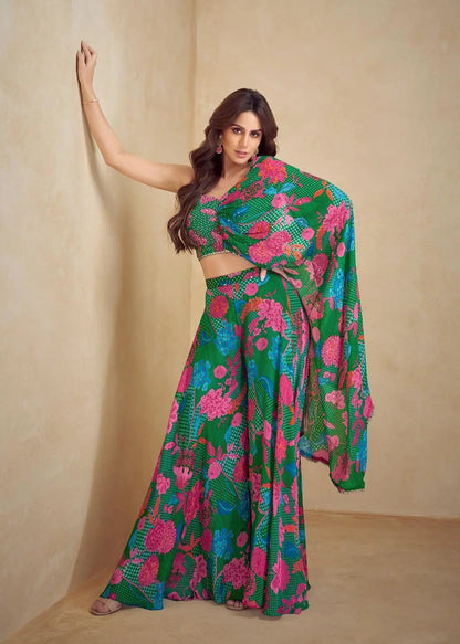 Ensemble Indo-Occidental en Soie Chinon Vert de Mer Multicolore avec Imprimés Fleurs, Broderies et Finitions artisanales COLLECTION SAYANI
