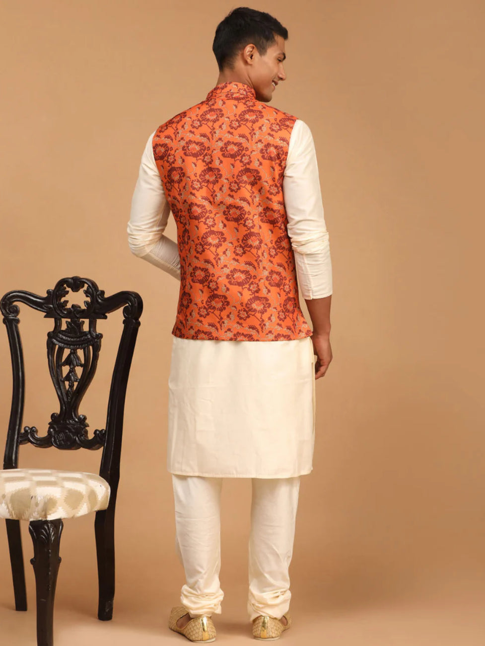 Ensemble Kurta avec veste style Nehru orange rouille imprimé et crème
