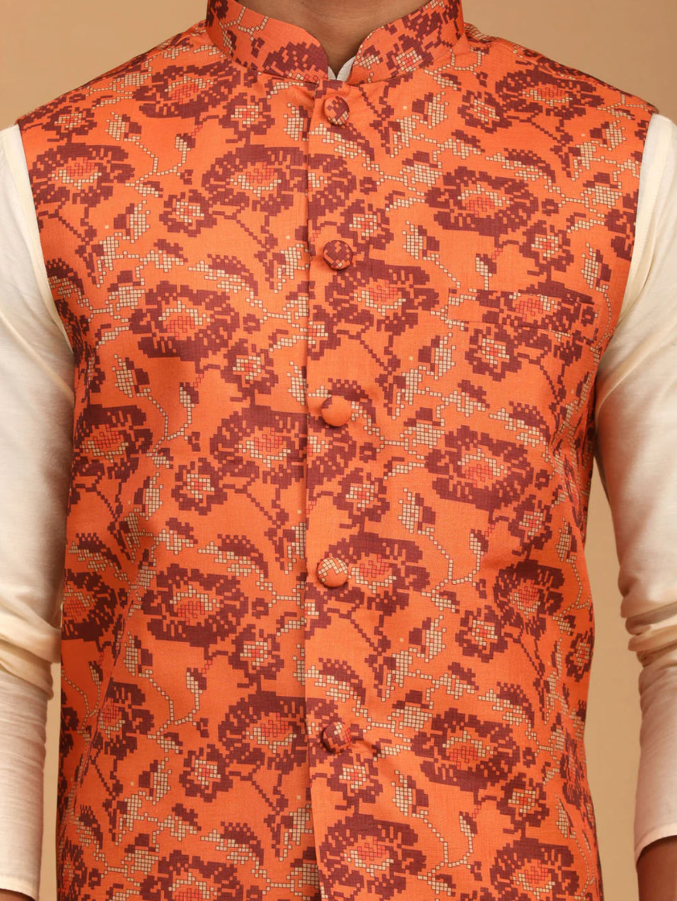 Ensemble Kurta avec veste style Nehru orange rouille imprimé et crème