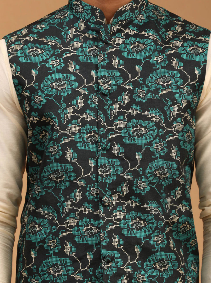 Ensemble Kurta avec veste style Nehru vert turquoise imprimé et crème