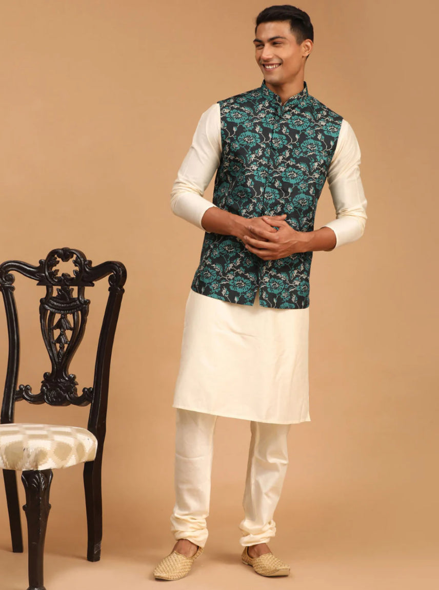 Ensemble Kurta avec veste style Nehru vert turquoise imprimé et crème