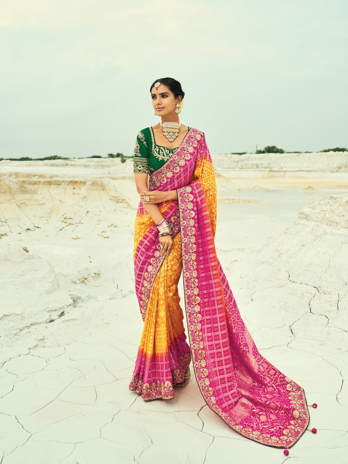 Sari jaune moutarde en pur tissu georgette bandhej avec travail fait main de moti et cut-dana COLLECTION KHUSHI