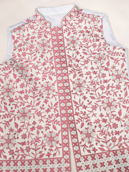 Kurta Homme 3 pièces avec veste koti brodée rose clair en soie et coton