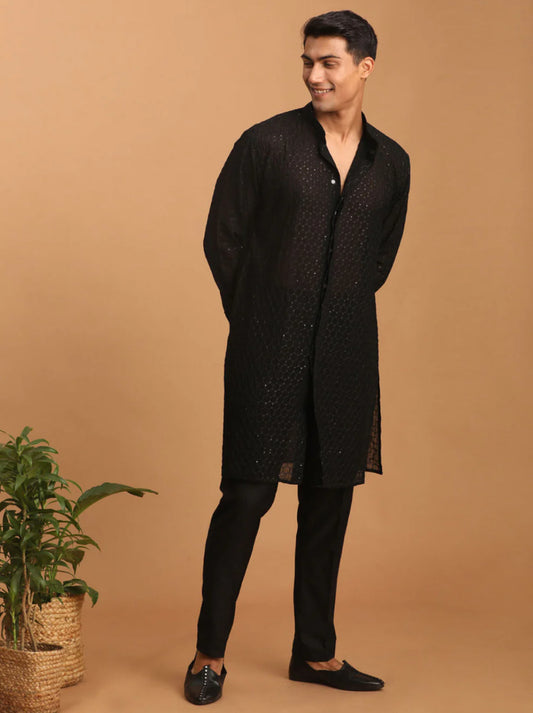 Kurta Pantalon coupe droite Noir en Georgette et sequins à col dégagé
