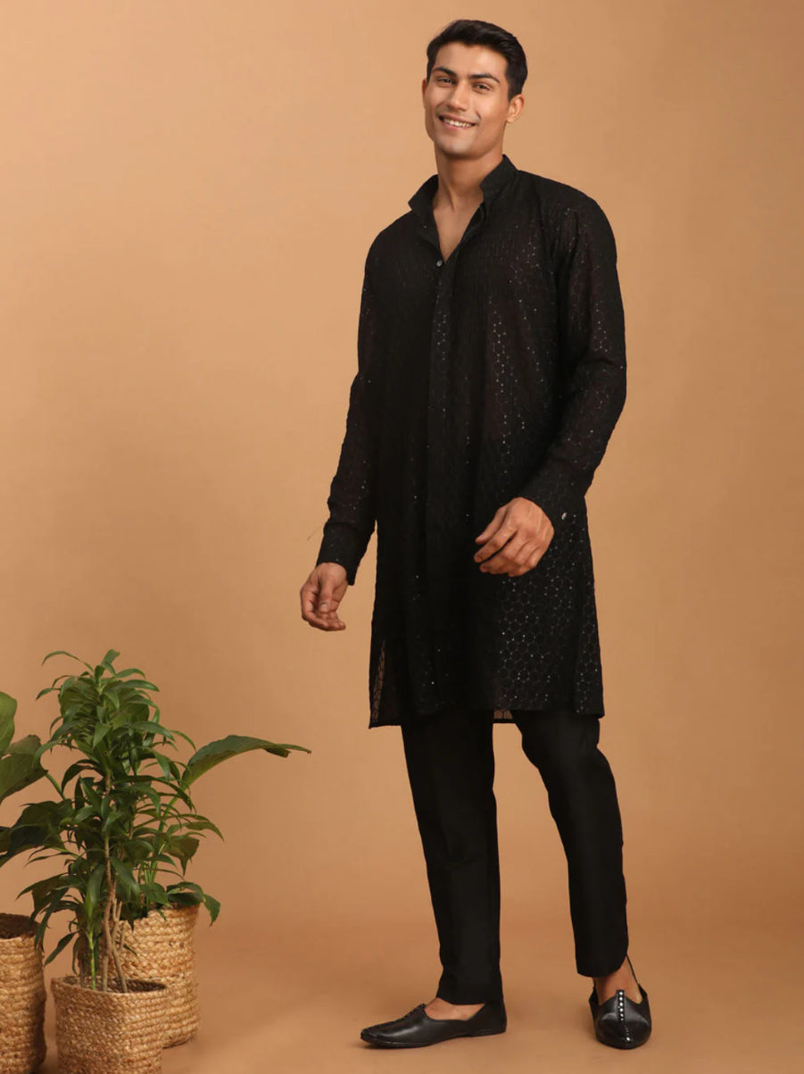 Kurta Pantalon coupe droite Noir en Georgette et sequins à col dégagé
