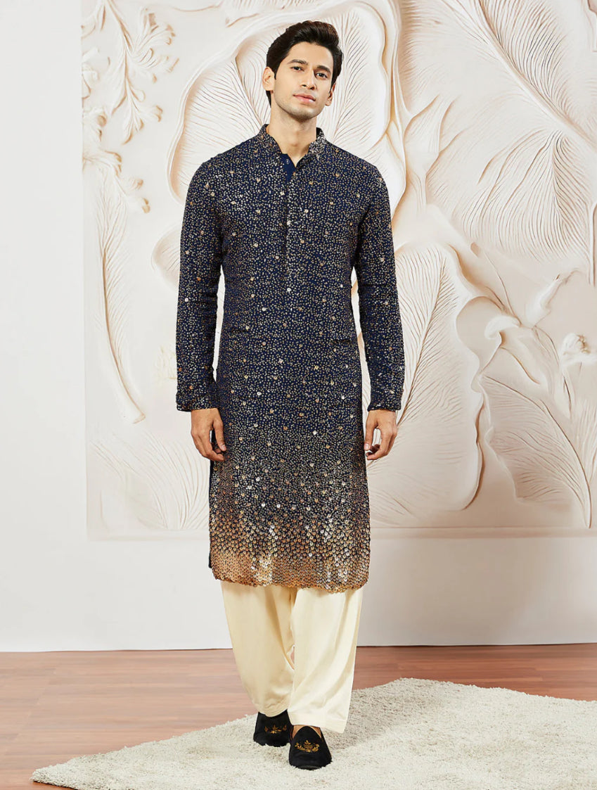 Kurta Pantalon Patiala Bleu Nuit Sequins Dorés en Georgette