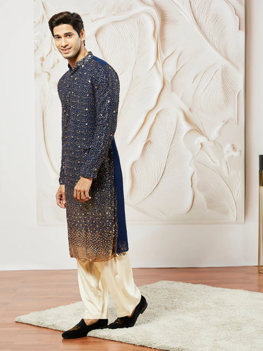 Kurta Pantalon Patiala Bleu Nuit Sequins Dorés en Georgette