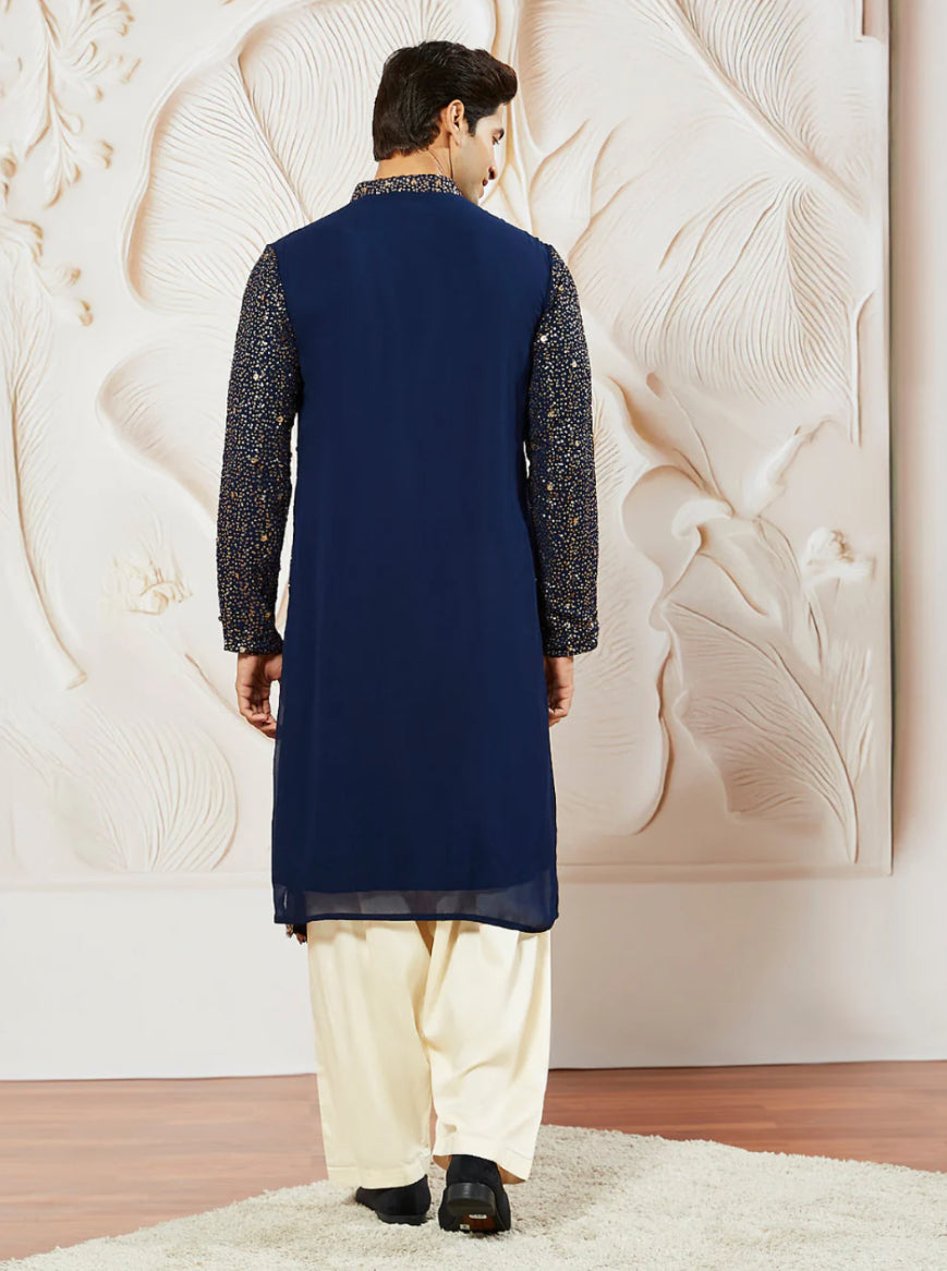 Kurta Pantalon Patiala Bleu Nuit Sequins Dorés en Georgette
