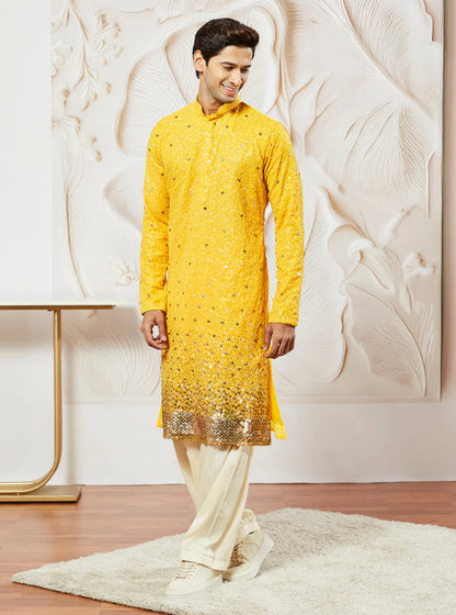 Kurta Pantalon Patiala Jaune Vif Sequins Dorés en Georgette