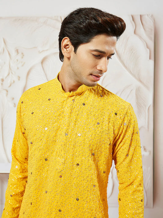 Kurta Pantalon Patiala Jaune Vif Sequins Dorés en Georgette