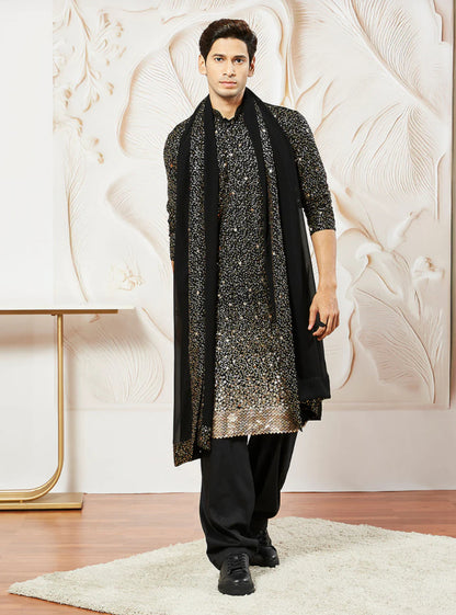 Kurta Pantalon Patiala Noir Profond en Georgette avec Dupatta COLLECTION YUVRAJ