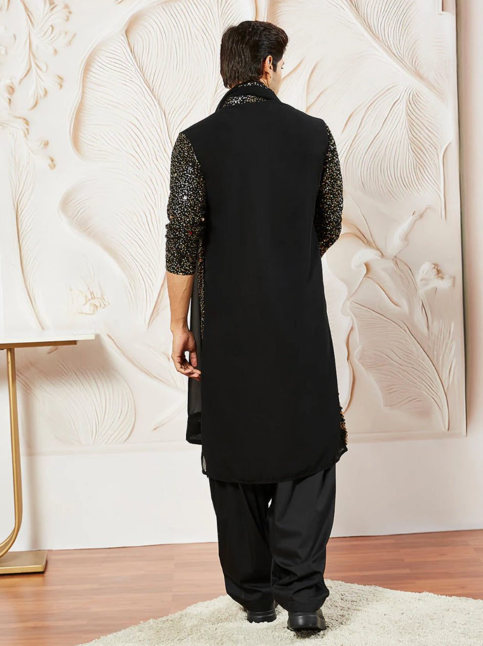 Kurta Pantalon Patiala Noir Profond en Georgette avec Dupatta COLLECTION YUVRAJ
