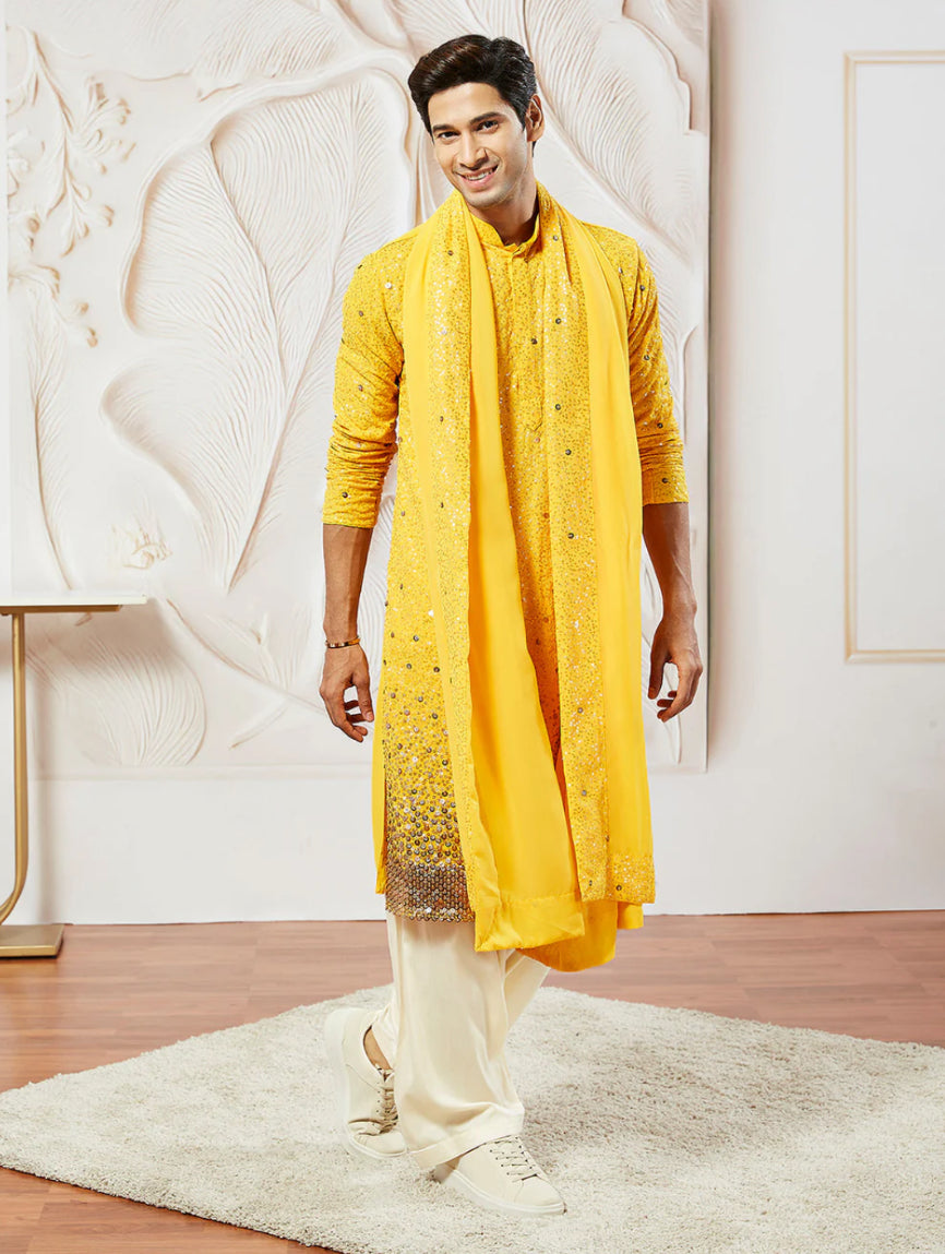 Kurta Pantalon Patiala Jaune Vif en Georgette avec Dupatta COLLECTION YUVRAJ