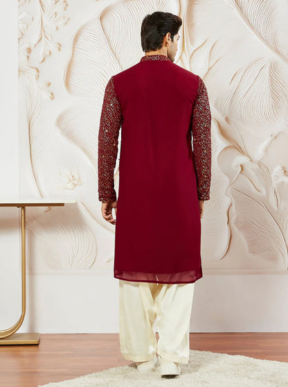 Kurta Pantalon Patiala Rouge Bordeaux en Georgette avec Dupatta COLLECTION YUVRAJ
