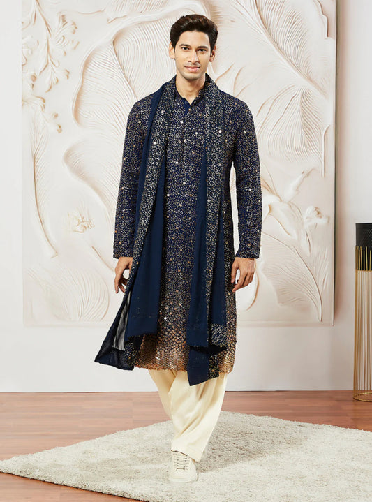 Kurta Pantalon Patiala Bleu Marine en Georgette avec Dupatta COLLECTION YUVRAJ