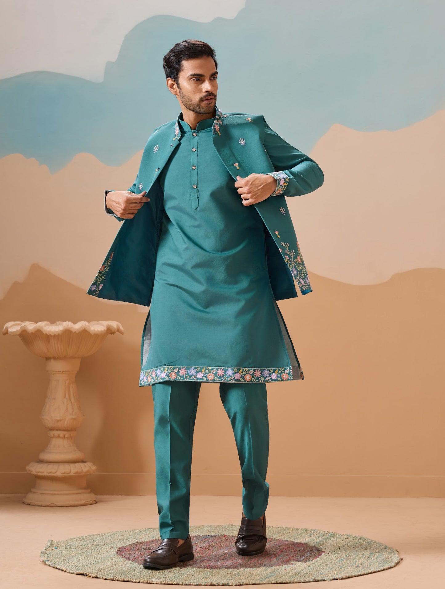Ensemble Kurta Homme avec Veste Jacket Bleu Lagon COLLECTION JEET