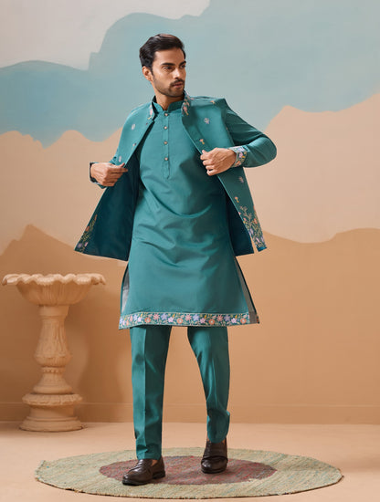 Ensemble Kurta Homme avec Veste Jacket Bleu Lagon COLLECTION JEET