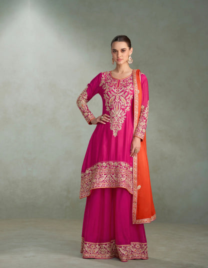 Berry-purple red Sharara set with cord embroidery, sequins and riveted beads