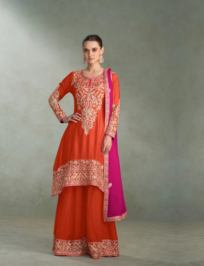 Berry-purple red Sharara set with cord embroidery, sequins and riveted beads