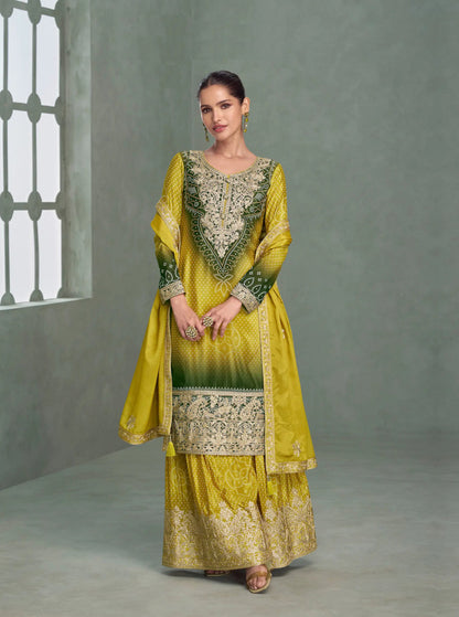 Salwar Palazzo en soie chinon avec broderies et motifs jaune citron et vert foncé bicolore COLLECTION AMREEN