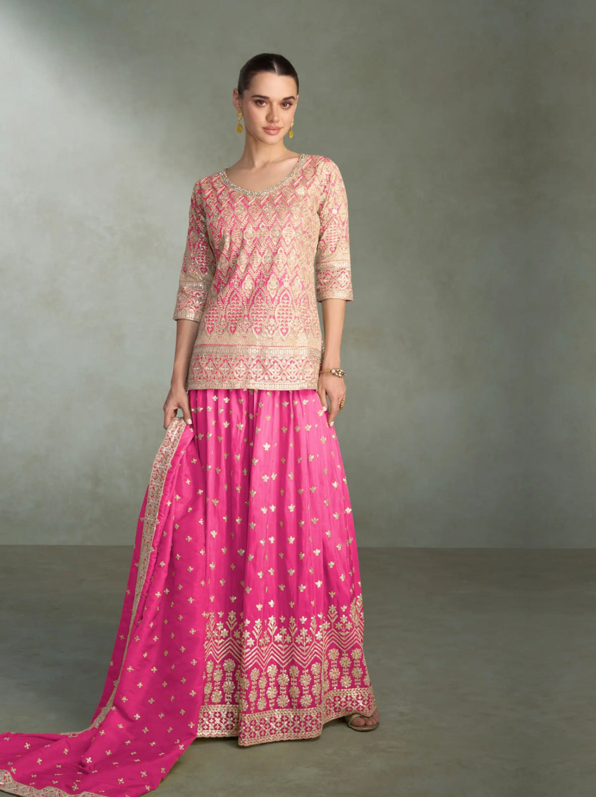 Berry-purple red Sharara set with cord embroidery, sequins and riveted beads