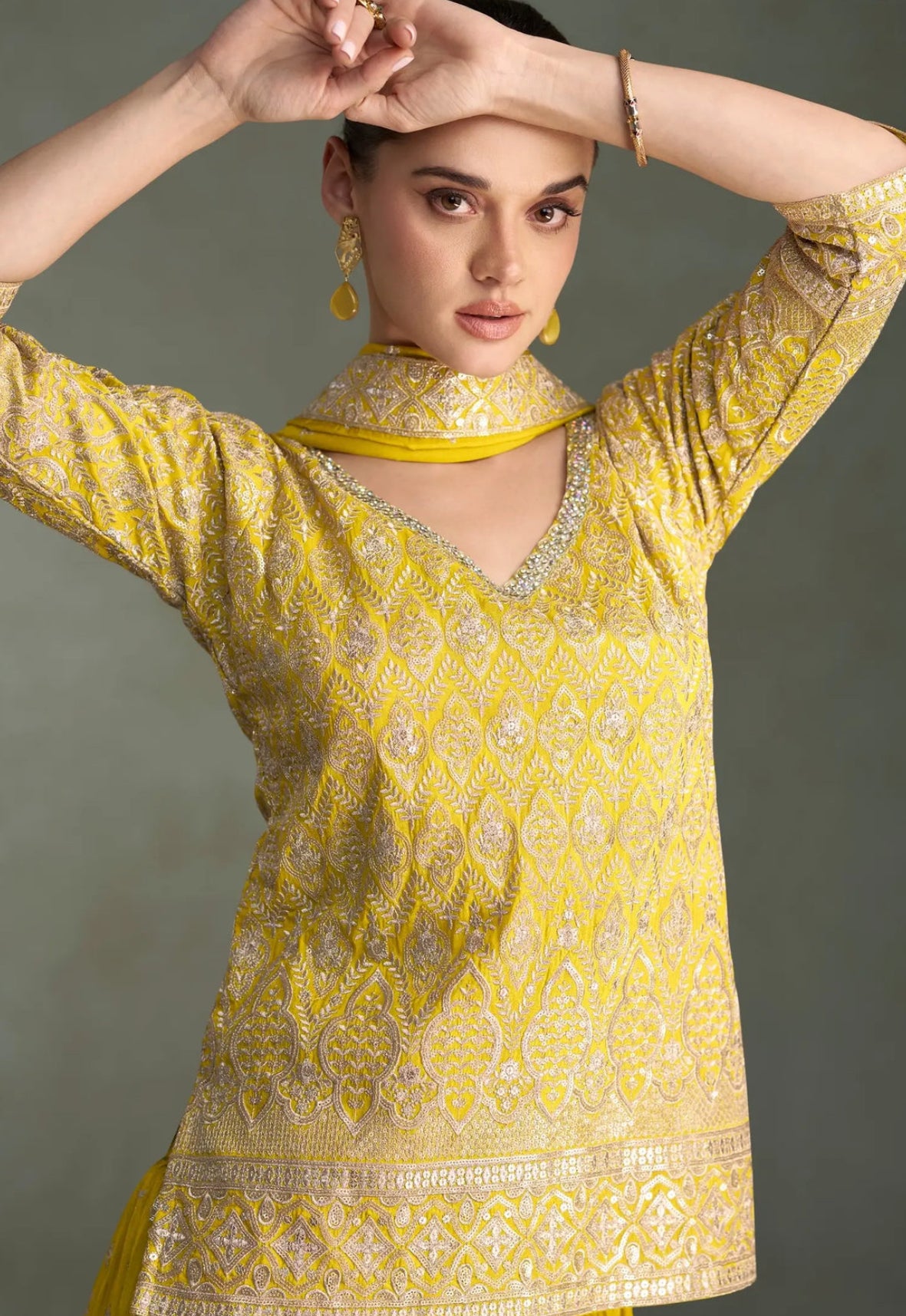 Berry-purple red Sharara set with cord embroidery, sequins and riveted beads