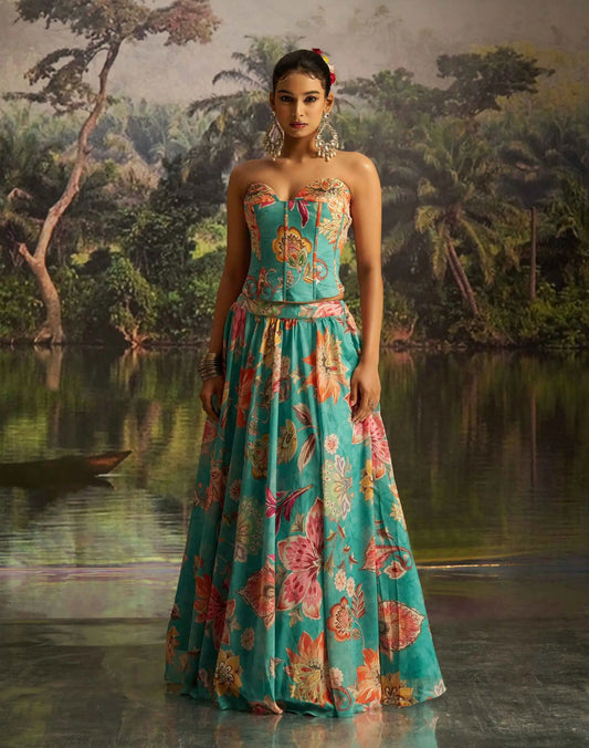 Lehenga indo-occidental moderne bleu turquoise fleuri avec blouse style corset et dupatta COLLECTION KIYANA