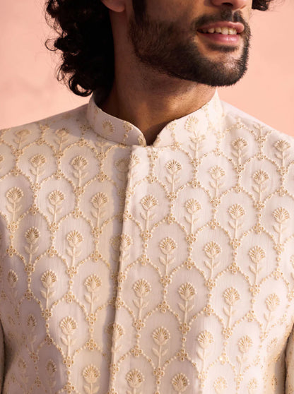 Ensemble Homme Sherwani blanc crème en georgette orné de sequins avec pantalon crème