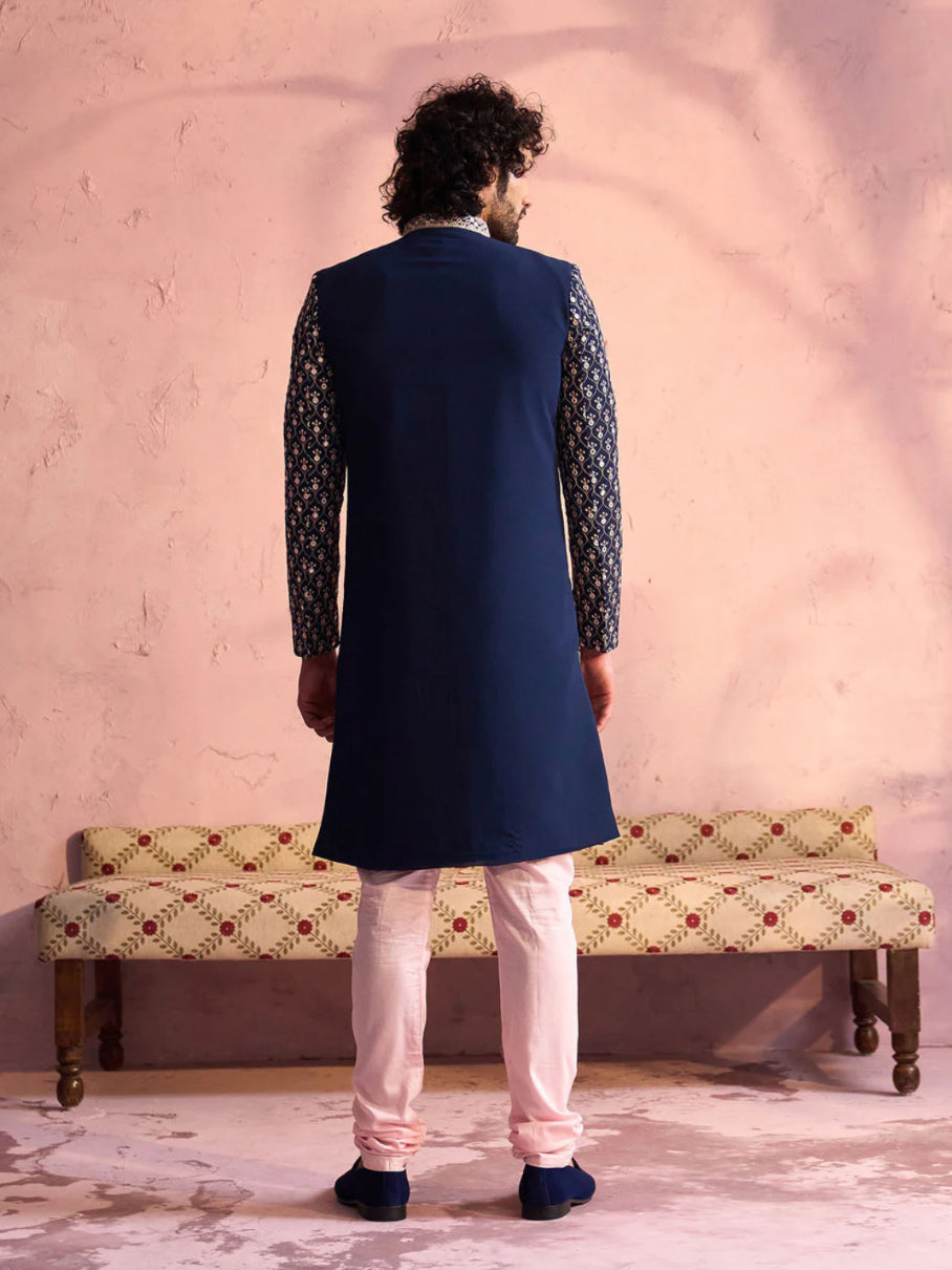 Ensemble Homme 3 pièces Sherwani bleu marine en georgette brodé avec pantalon rose clair