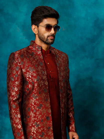 Ensemble Homme 3 pièces Sherwani rouge bordeaux floral de fête en jacquard brodé avec pantalon bordeaux