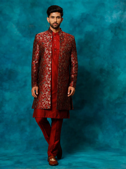 Ensemble Homme 3 pièces Sherwani rouge bordeaux floral de fête en jacquard brodé avec pantalon bordeaux