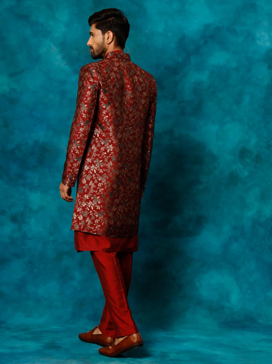 Ensemble Homme 3 pièces Sherwani rouge bordeaux floral de fête en jacquard brodé avec pantalon bordeaux