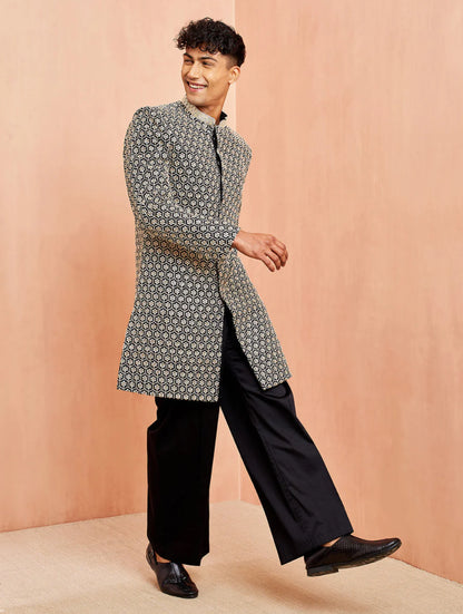 Ensemble Homme Kurta Pantalon noir avec motifs à sequins hexagonaux modernes