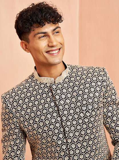 Ensemble Homme Kurta Pantalon noir avec motifs à sequins hexagonaux modernes
