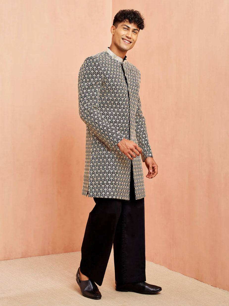 Ensemble Homme Kurta Pantalon noir avec motifs à sequins hexagonaux modernes