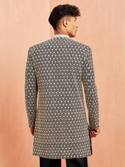 Ensemble Homme Kurta Pantalon noir avec motifs à sequins hexagonaux modernes