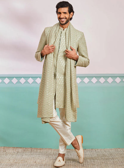 Ensemble Homme Kurta vert pistache de célébration en rayon avec Dupatta et pantalon crème COLLECTION KABIR