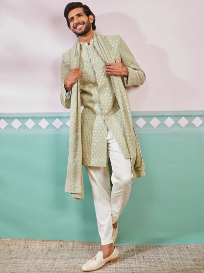 Ensemble Homme Kurta vert pistache de célébration en rayon avec Dupatta et pantalon crème COLLECTION KABIR
