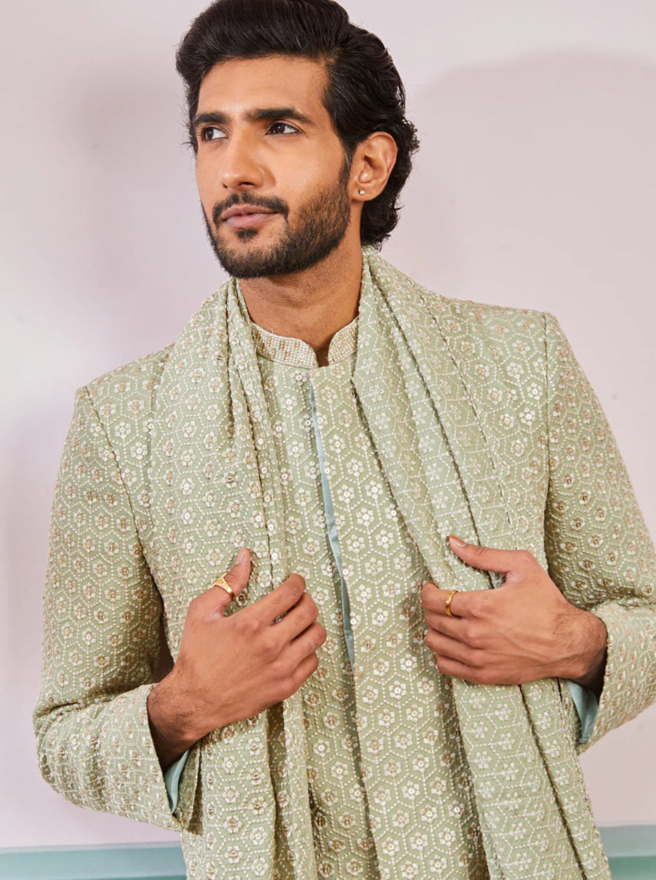 Ensemble Homme Kurta vert pistache de célébration en rayon avec Dupatta et pantalon crème COLLECTION KABIR