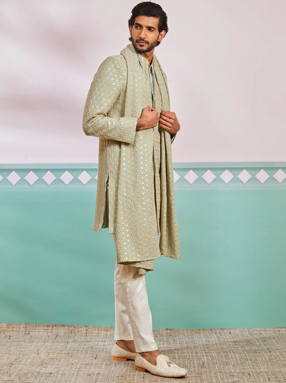 Ensemble Homme Kurta vert pistache de célébration en rayon avec Dupatta et pantalon crème COLLECTION KABIR
