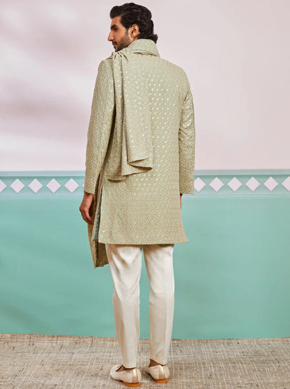 Ensemble Homme Kurta vert pistache de célébration en rayon avec Dupatta et pantalon crème COLLECTION KABIR