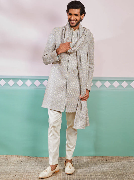 Ensemble Homme Kurta gris clair de célébration en rayon avec Dupatta et pantalon crème COLLECTION KABIR