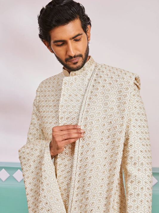 Ensemble Homme Kurta blanc cassé de célébration en rayon avec Dupatta et pantalon crème COLLECTION KABIR