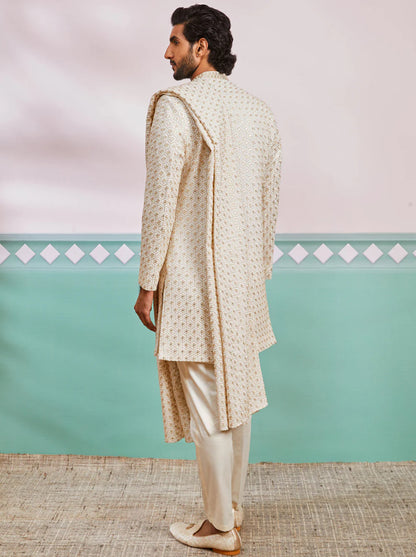 Ensemble Homme Kurta blanc cassé de célébration en rayon avec Dupatta et pantalon crème COLLECTION KABIR
