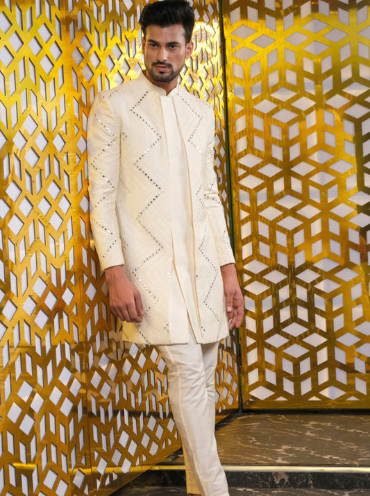 Ensemble Homme blanc crème au motif de miroirs raffiné avec pantalon uni