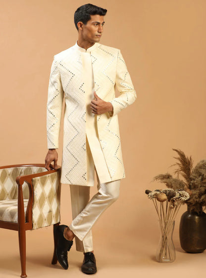 Ensemble Homme blanc crème au motif de miroirs raffiné avec pantalon uni