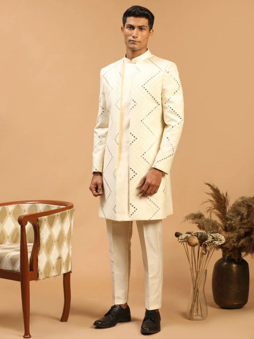 Ensemble Homme blanc crème au motif de miroirs raffiné avec pantalon uni