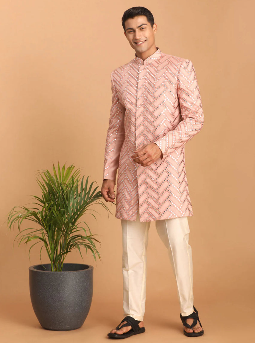 Ensemble Homme Kurta scintillant à motif rose clair avec pantalon uni